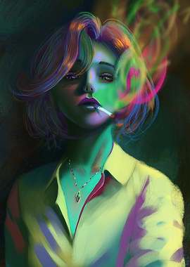 Neon Portrait of a Smoking Woman