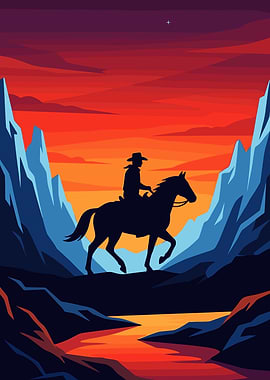 Cowboy Riding Horse at Sunset