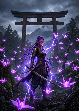 Warrior Woman with Purple Lightning Cranes