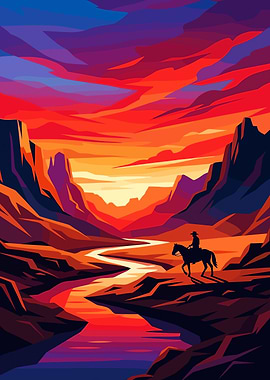 Lone Cowboy in Vibrant Canyon Sunset