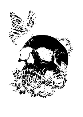 Black and White Skull Floral Butterfly