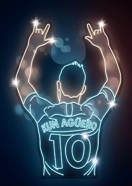 Kun Agüero Neon Football Poster