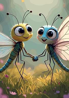 Two Cute Cartoon Dragonflies Holding Hands
