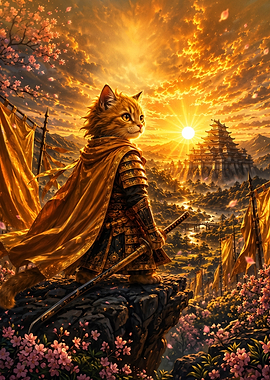 Samurai Cat Warrior at Sunset