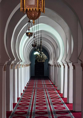 Ornate Mosque Corridor with Hanging Lanterns