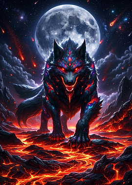 Cosmic Lava Wolf Under Full Moon