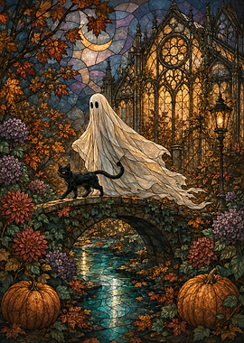 Autumn Stained Glass Ghost and Black Cat