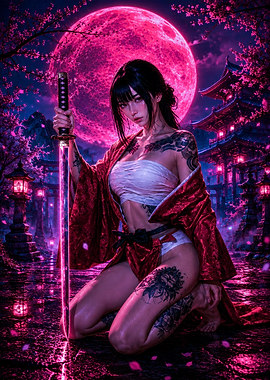 Tattooed Samurai Woman Under Pink Moon
