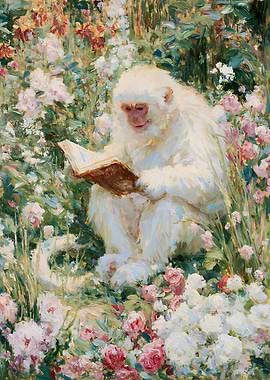 White Monkey Reading in Flower Garden