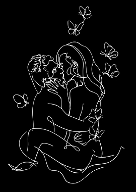 Minimalist Line Art Couple with Butterflies