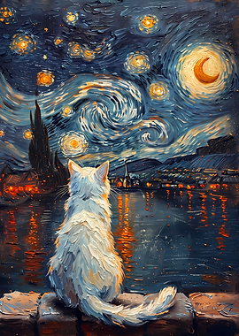 White Cat Watching Starry Night