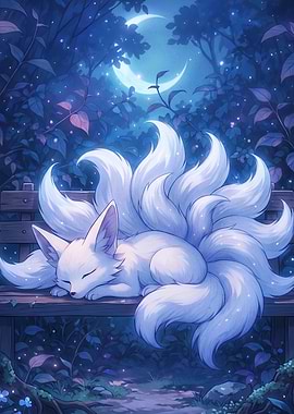 Sleeping Nine-Tailed Fox in Moonlight