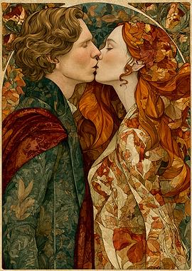 Art Nouveau Romantic Couple Kissing