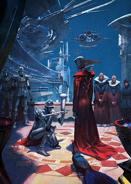 Sci-Fi Knight Kneeling Before Royalty