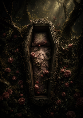 Gothic Coffin Amidst Dark Forest Roses