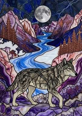 Stained Glass Wolf – Moonlit Wilderness – Abstract Fantasy #164