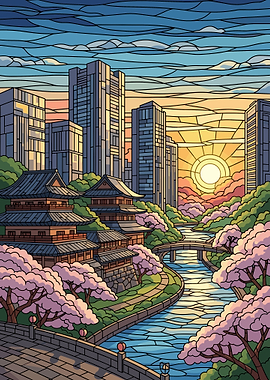 Stained Glass Japanese Cityscape Sunset