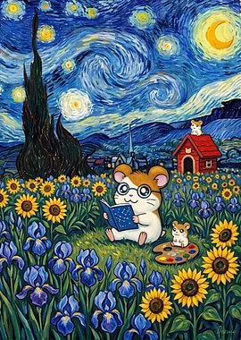 Hamtaro Reading in Starry Night Field