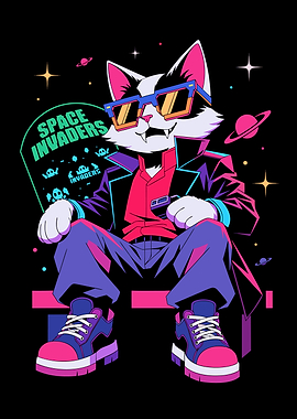 Retro Space Invaders Cat Gamer