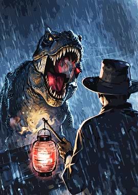 T-Rex Confrontation in the Rain