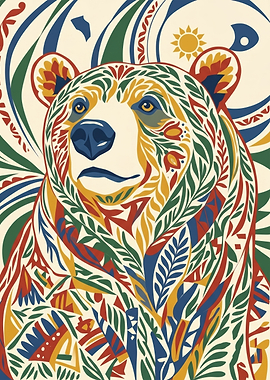 Traditional Nordic Kurbits Folk Art Bear Portrait