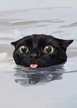 Silly Black Cat Swimming