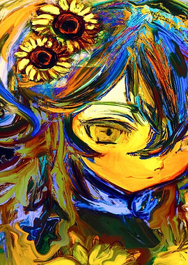 Impressionist Anime Girl with Sunflowers