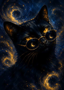 Celestial Black Cat with Moon Glasses