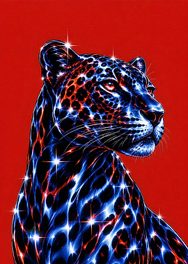 Sparkling Blue Leopard on Red