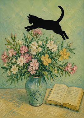 Black Cat Jumping Over Flower Vase
