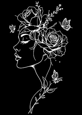Floral Woman Profile Line Art