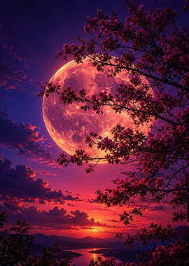 Giant Red Moon Over Blossoming Landscape