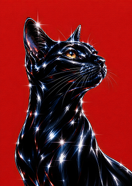 Sparkling Black Cat on Red