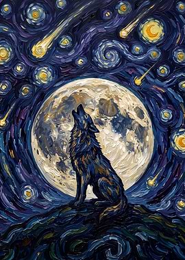 Wolf Howling at Starry Moon