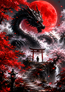 Samurai Facing a Giant Dragon