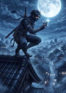 Ninja on Rooftop Under Full Moon