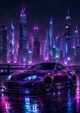 Purple Sports Car in Cyberpunk City