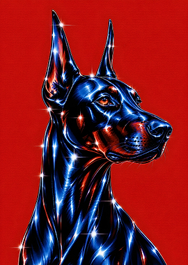 Metallic Doberman Portrait on Red