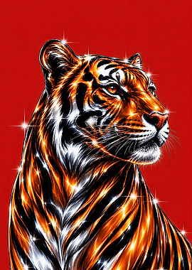 Sparkling Tiger Portrait on Red