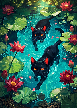 Two Black Cats in Lotus Pond