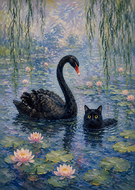 Black Cat and Swan in Pond