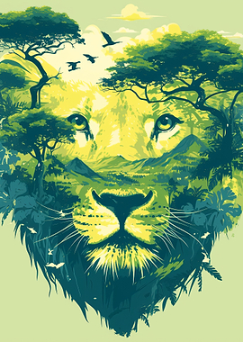 Double Exposure Lion Landscape Art