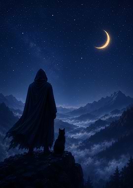 Cloaked Figure and Cat Under Moon
