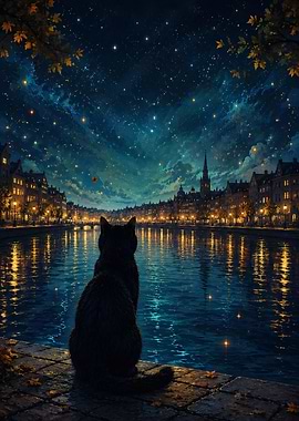 Black Cat Watching Starry City Canal