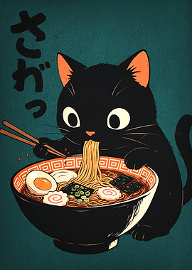 Cute Black Cat Eating Ramen