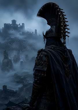 Warrior overlooking a misty ancient city