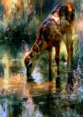 Fawn Drinking from a Forest Stream