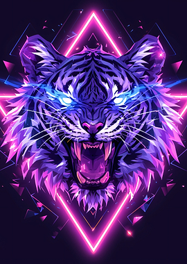 Neon Cyberpunk Tiger Head Portrait