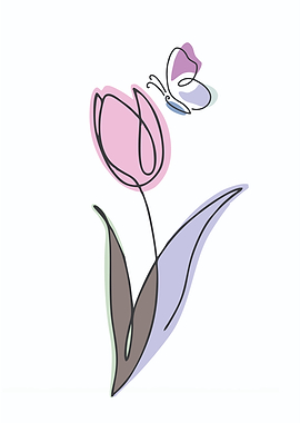 Minimalist Tulip and Butterfly Line Art
