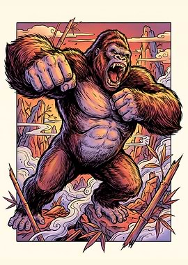 Fierce Gorilla Punching in Bamboo Forest